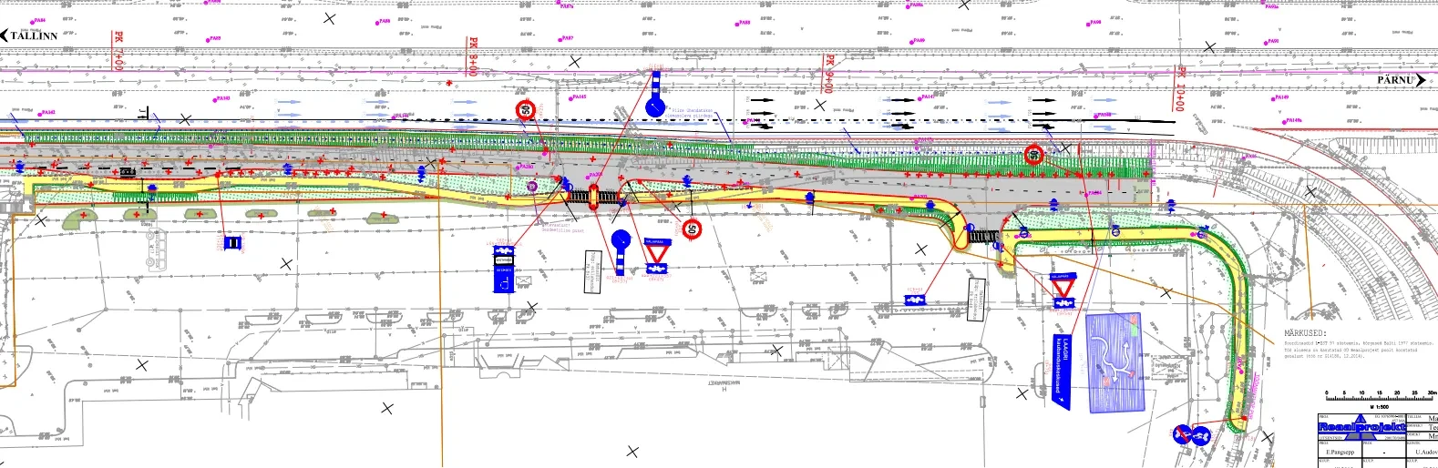 Maksimarketi ja Pärnu mnt vahel kulgev 430 m pikkune jalgratta- ja jalgtee lõik (kollasega)