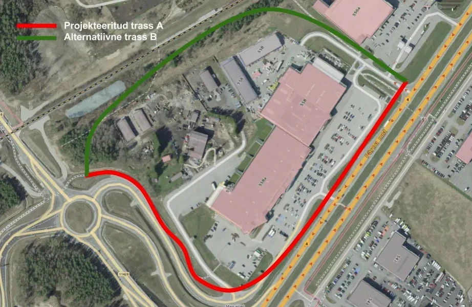 Projekteeritud jalgratta- ja jalgtee trass (A, punasega) ja alternatiivne, palju inimsõbralikum ja lühem trass (B, rohelisega)