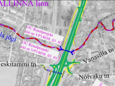 Väljavõte tee-ehitusprojektist. Kollasega on rajatavad jalgratta- ja jalgteed ja lillaga teed, mida ei rajata.