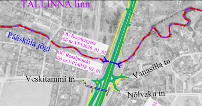 Väljavõte tee-ehitusprojektist. Kollasega on rajatavad jalgratta- ja jalgteed ja lillaga teed, mida ei rajata.